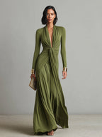 Olive Green Long Dress in Stretch Silk with Deep V-Neck and Ruffles, Charming Maxi Dress