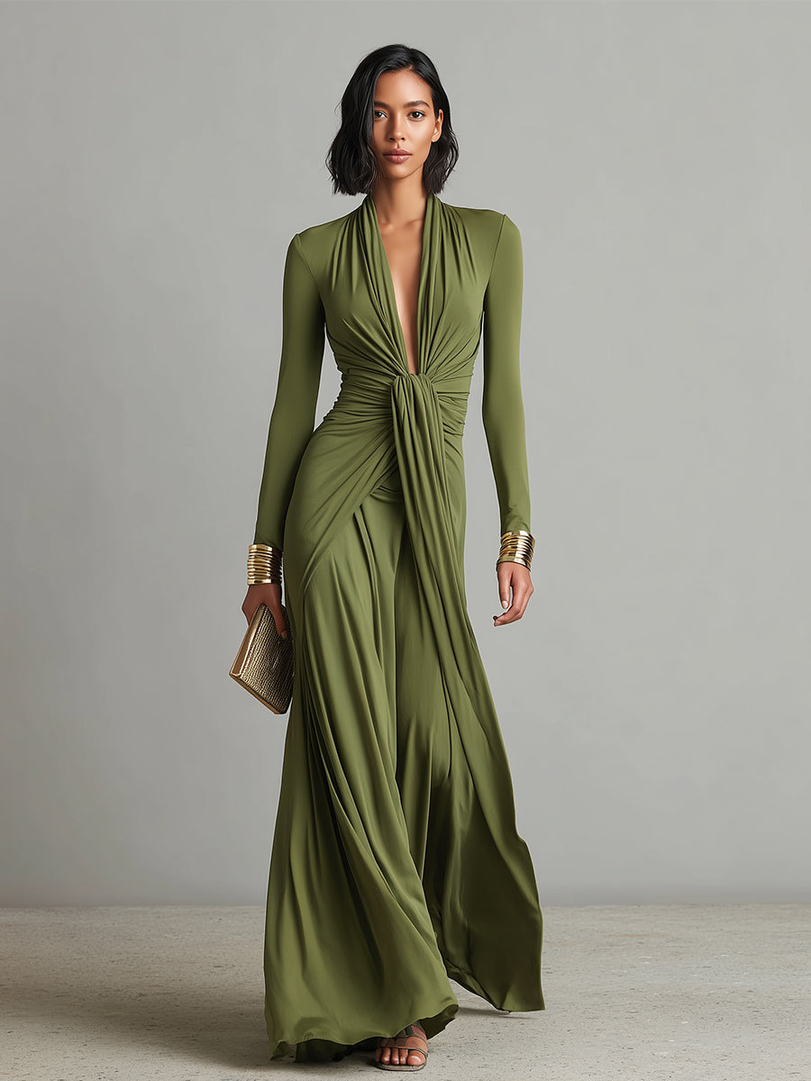 Olive Green Long Dress in Stretch Silk with Deep V-Neck and Ruffles, Charming Maxi Dress