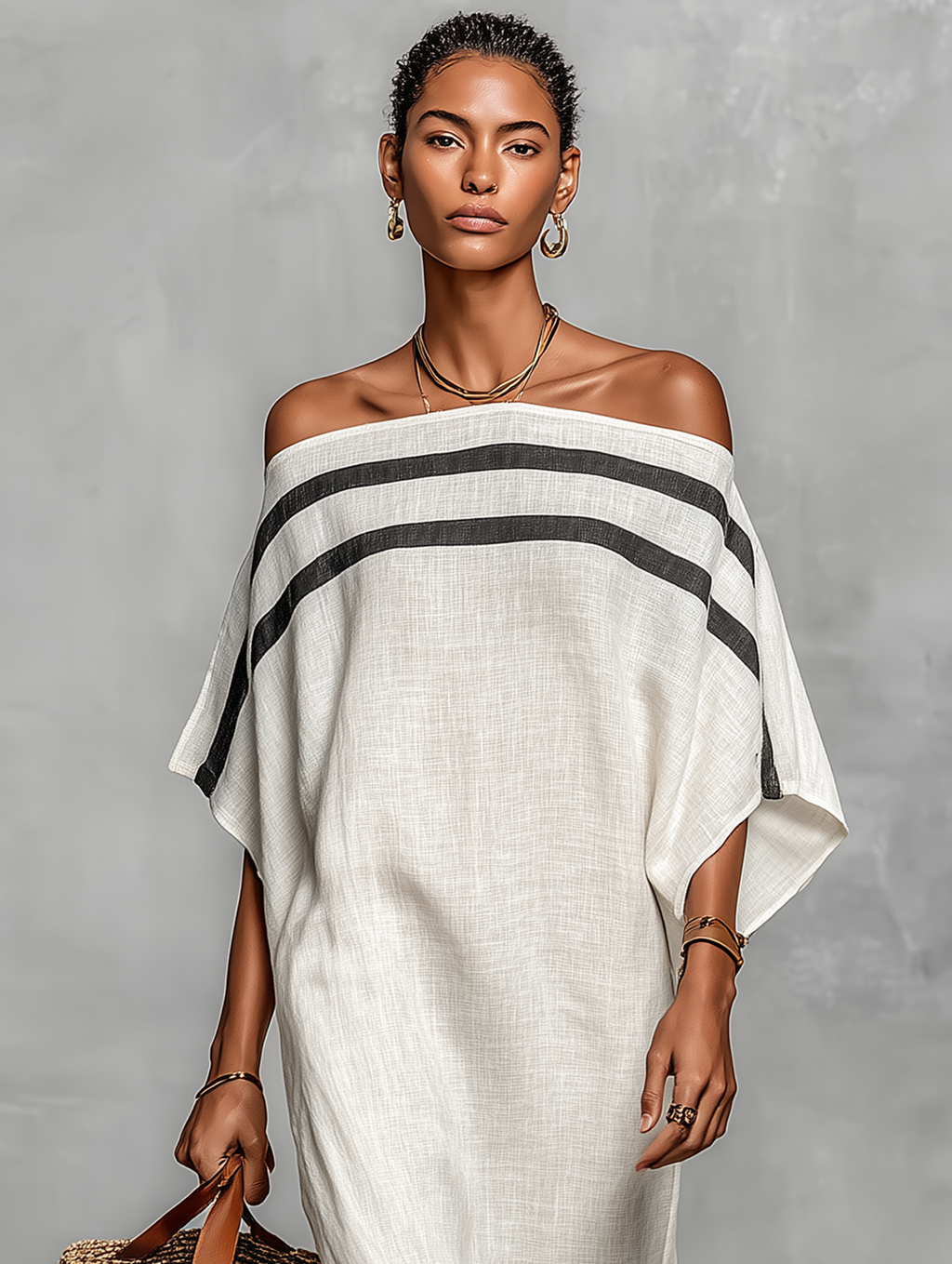 Minimalist Linen Maxi Dress for Women with Off-Shoulder and Batwing Sleeves