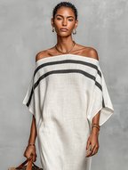 Minimalist Linen Maxi Dress for Women with Off-Shoulder and Batwing Sleeves