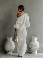Elegant Flowy Off-Shoulder Dress in Ivory White Cotton-Linen Blend