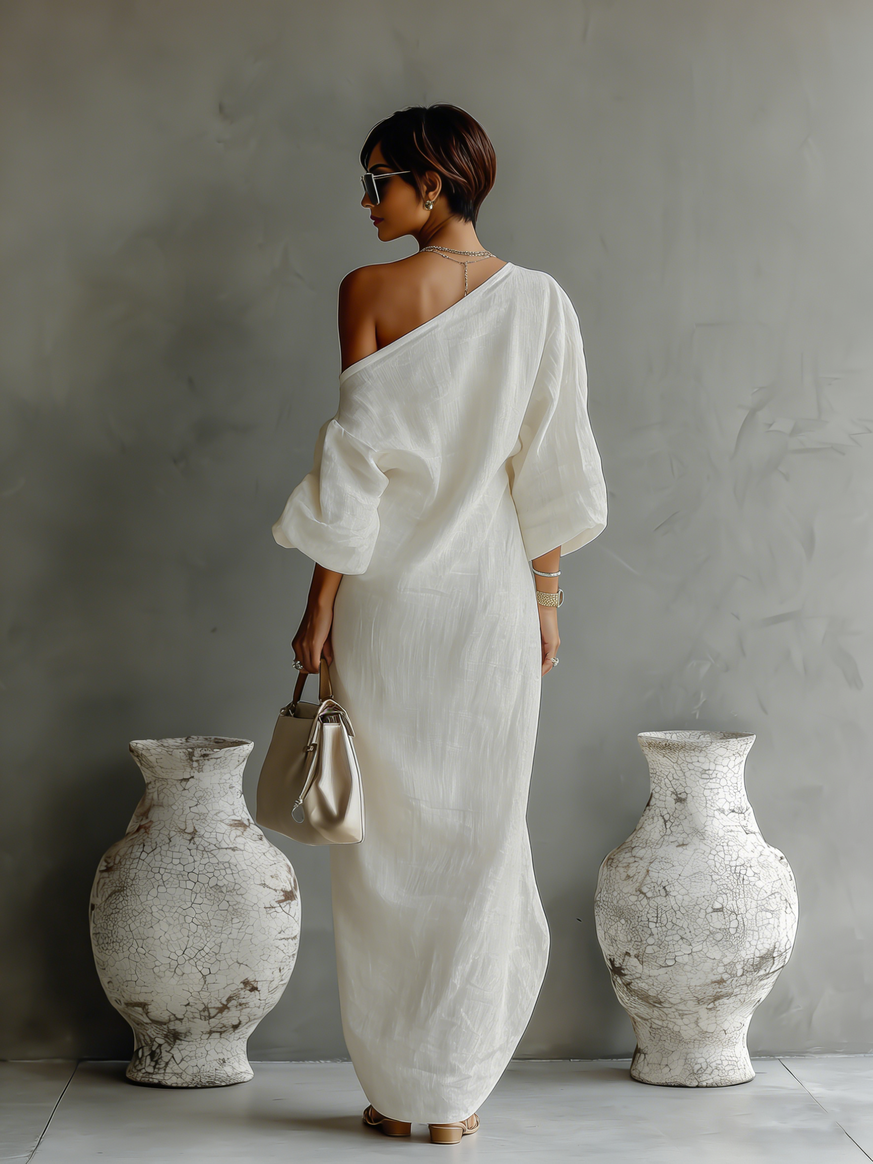 Elegant Flowy Off-Shoulder Dress in Ivory White Cotton-Linen Blend