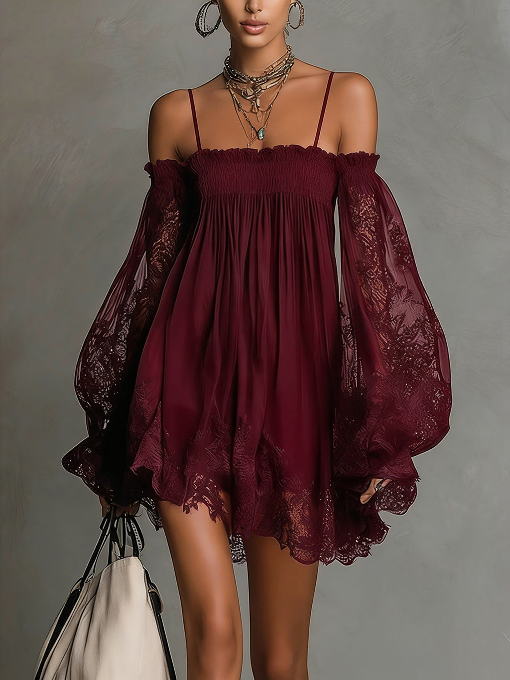 Noemi • Blue Off-Shoulder Chiffon Mini Dress with Lace Trim and Sheer Sleeves
