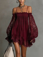 Noemi • Blue Off-Shoulder Chiffon Mini Dress with Lace Trim and Sheer Sleeves