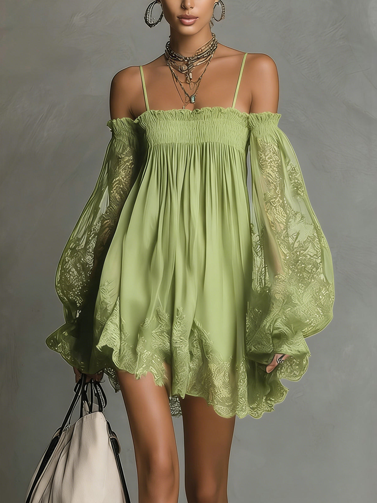 Noemi • Blue Off-Shoulder Chiffon Mini Dress with Lace Trim and Sheer Sleeves