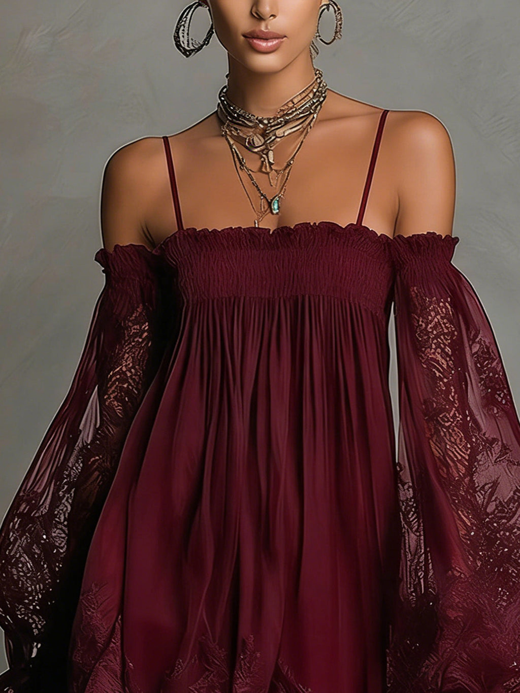 Noemi • Blue Off-Shoulder Chiffon Mini Dress with Lace Trim and Sheer Sleeves