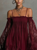 Noemi • Blue Off-Shoulder Chiffon Mini Dress with Lace Trim and Sheer Sleeves