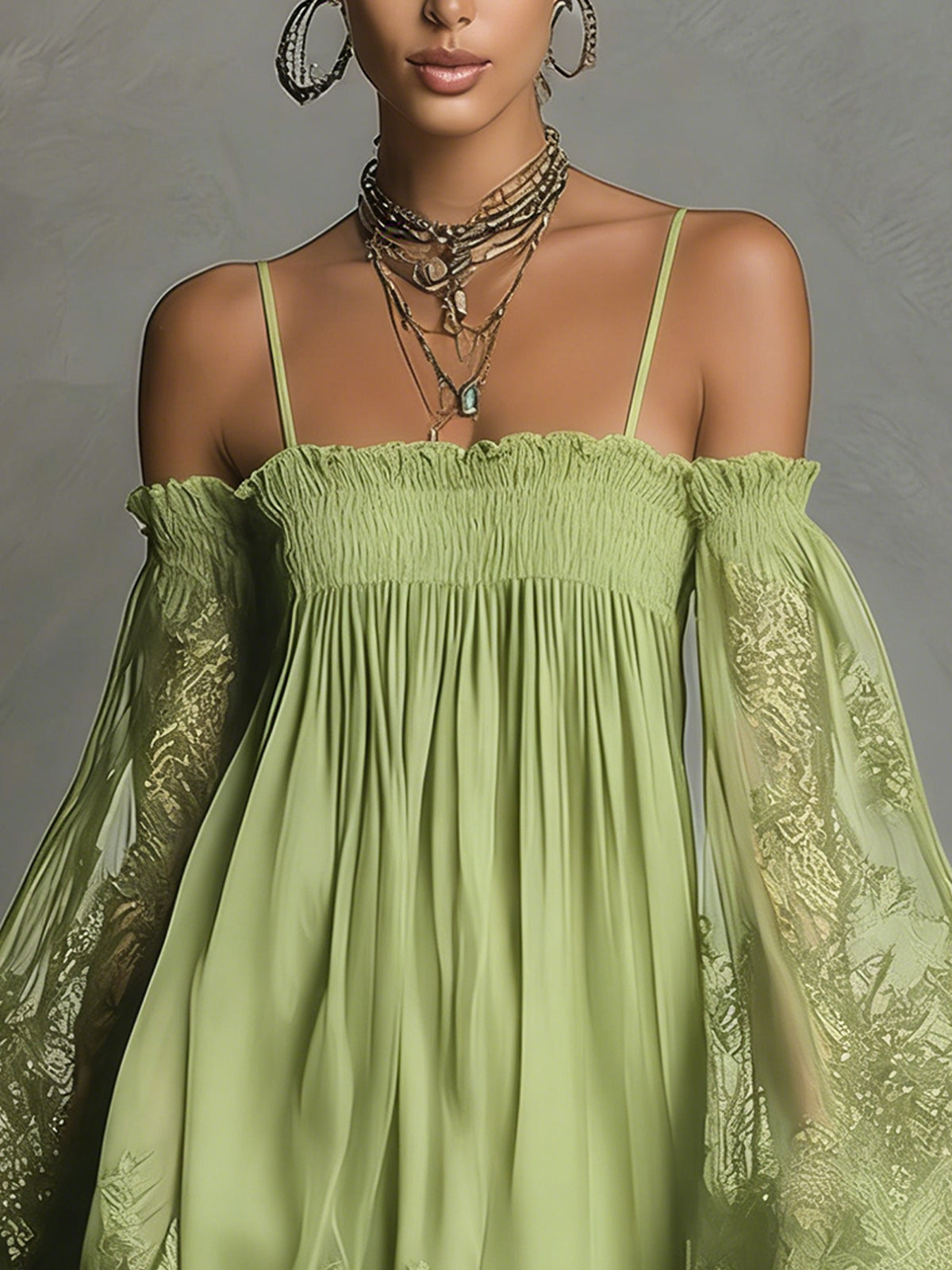 Noemi • Blue Off-Shoulder Chiffon Mini Dress with Lace Trim and Sheer Sleeves