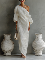 Elegant Flowy Off-Shoulder Dress in Ivory White Cotton-Linen Blend