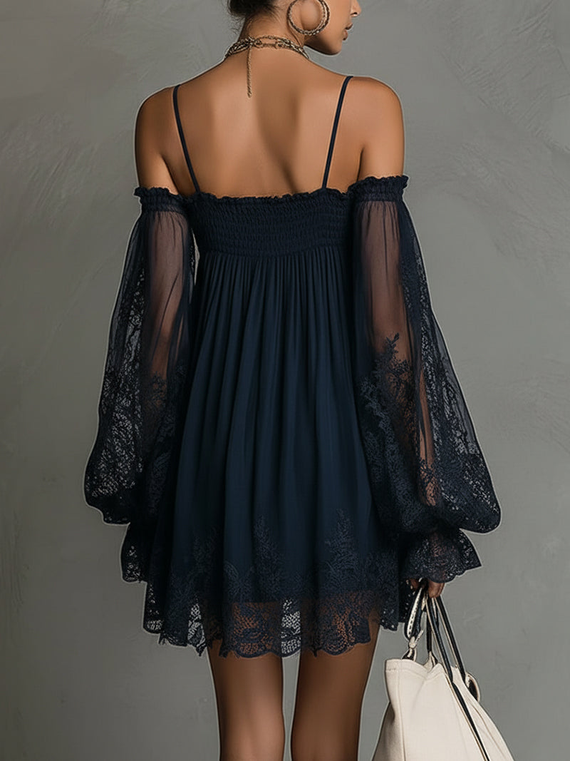 Noemi • Blue Off-Shoulder Chiffon Mini Dress with Lace Trim and Sheer Sleeves