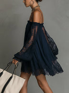 Noemi • Blue Off-Shoulder Chiffon Mini Dress with Lace Trim and Sheer Sleeves