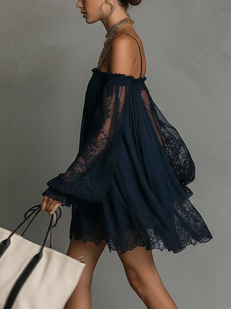 Noemi • Blue Off-Shoulder Chiffon Mini Dress with Lace Trim and Sheer Sleeves