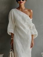 Elegant Flowy Off-Shoulder Dress in Ivory White Cotton-Linen Blend