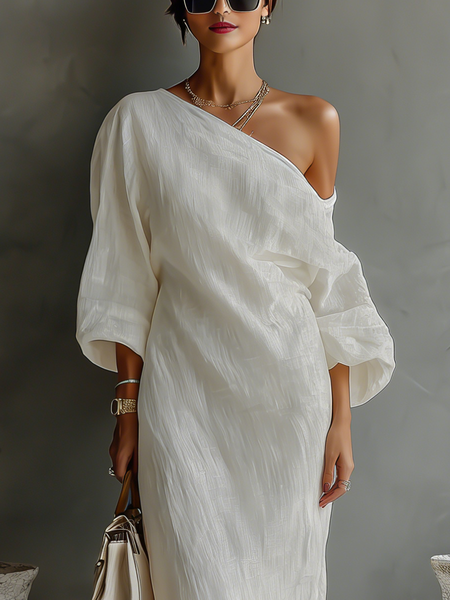 Elegant Flowy Off-Shoulder Dress in Ivory White Cotton-Linen Blend