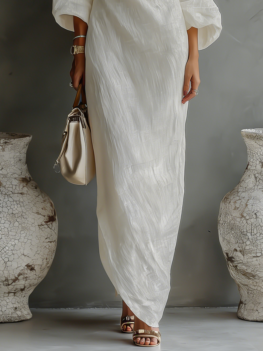 Elegant Flowy Off-Shoulder Dress in Ivory White Cotton-Linen Blend