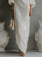 Elegant Flowy Off-Shoulder Dress in Ivory White Cotton-Linen Blend