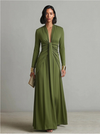 Olive Green Long Dress in Stretch Silk with Deep V-Neck and Ruffles, Charming Maxi Dress