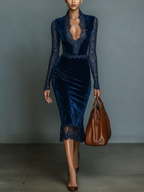 Elegant and Fashionable Dark Blue Velvet Midi Dress with V-Neck, Slim Fit, and Lace Neckline and Sleeves