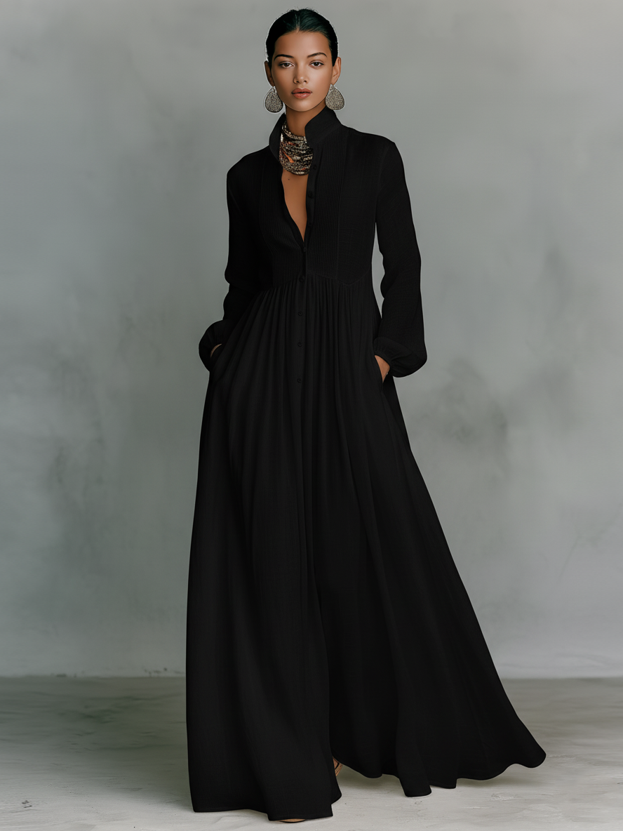 Minimalist Cotton-Linen Maxi Dress with Patchwork Pattern, Stand Collar, and Long Sleeves