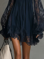 Noemi • Blue Off-Shoulder Chiffon Mini Dress with Lace Trim and Sheer Sleeves