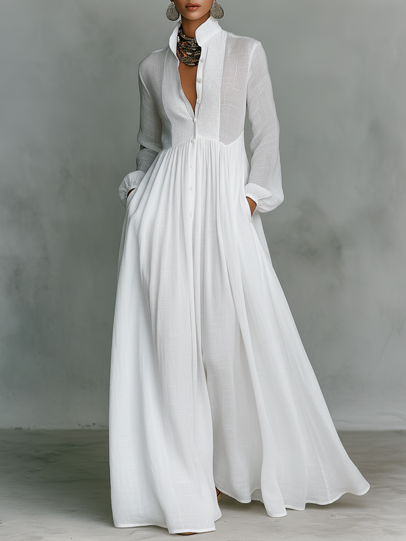 Minimalist Cotton-Linen Maxi Dress with Patchwork Pattern, Stand Collar, and Long Sleeves