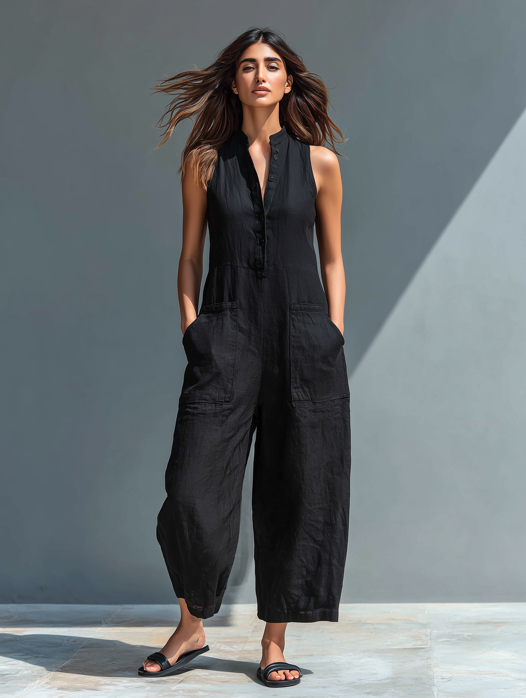 Minimalist Sleeveless Linen-Blend Jumpsuit for Women with Stand Collar and Buttons