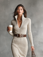 Women's Slim-Fit Knit Midi Dress with V-Neck, Long Sleeves, and Turtleneck Collar