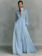 Minimalist Cotton-Linen Maxi Dress with Patchwork Pattern, Stand Collar, and Long Sleeves
