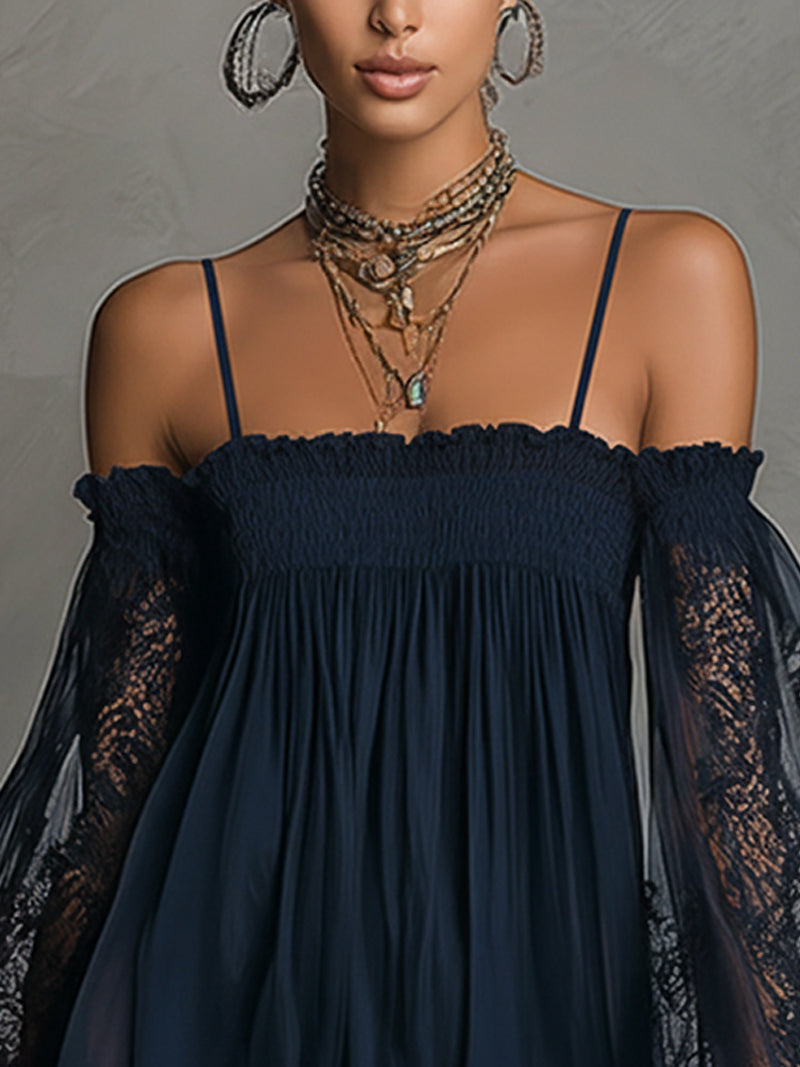 Noemi • Blue Off-Shoulder Chiffon Mini Dress with Lace Trim and Sheer Sleeves