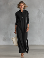 Women's Maxi Sweatshirt Dress with Button Collar and White Trim