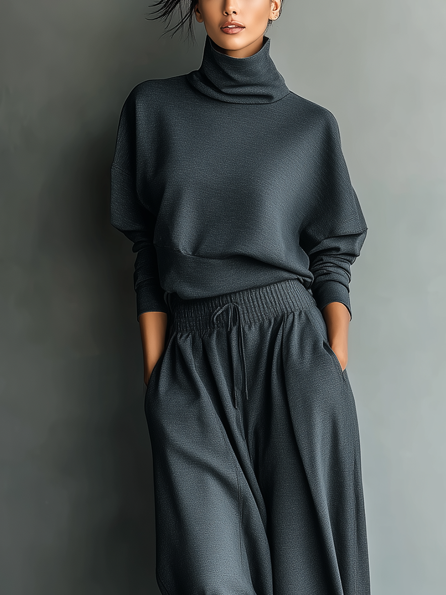 Women's Turtleneck and Wide-Leg Trousers in Dark Brown Knit