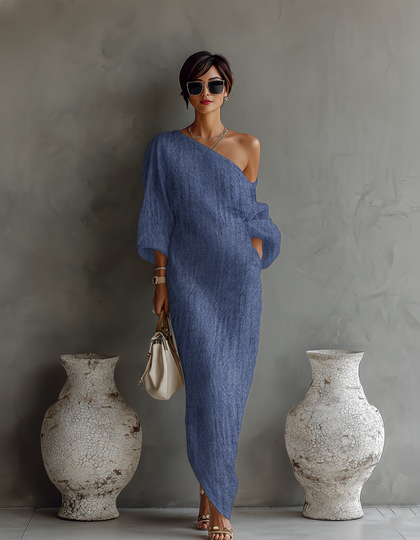 Elegant Flowy Off-Shoulder Dress in Ivory White Cotton-Linen Blend