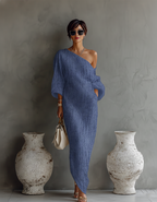 Elegant Flowy Off-Shoulder Dress in Ivory White Cotton-Linen Blend