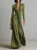 Olive Green Long Dress in Stretch Silk with Deep V-Neck and Ruffles, Charming Maxi Dress