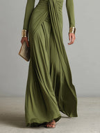 Olive Green Long Dress in Stretch Silk with Deep V-Neck and Ruffles, Charming Maxi Dress