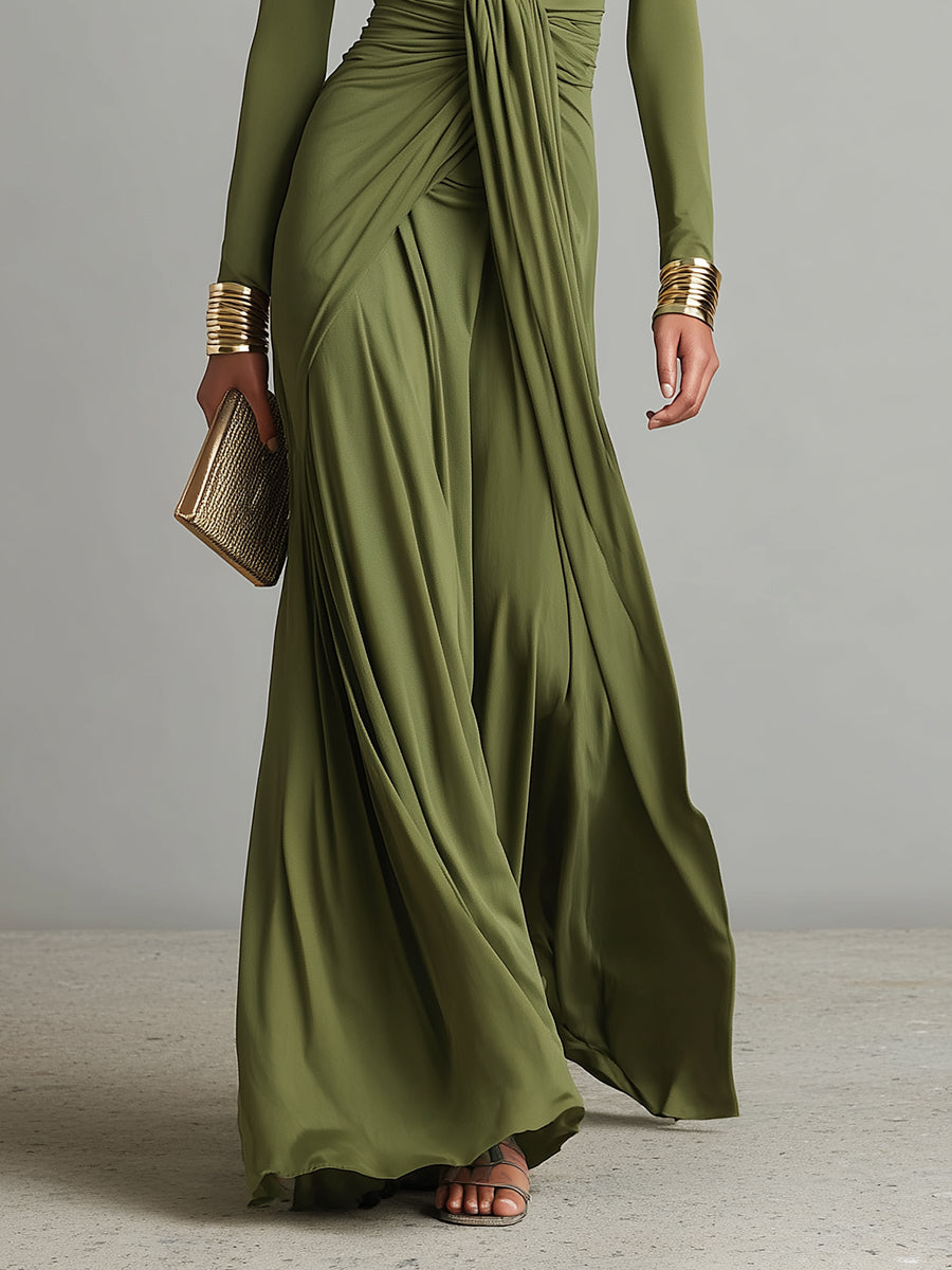 Olive Green Long Dress in Stretch Silk with Deep V-Neck and Ruffles, Charming Maxi Dress