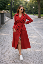 Classic Belted Trench Coat - Red