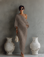 Elegant Flowy Off-Shoulder Dress in Ivory White Cotton-Linen Blend