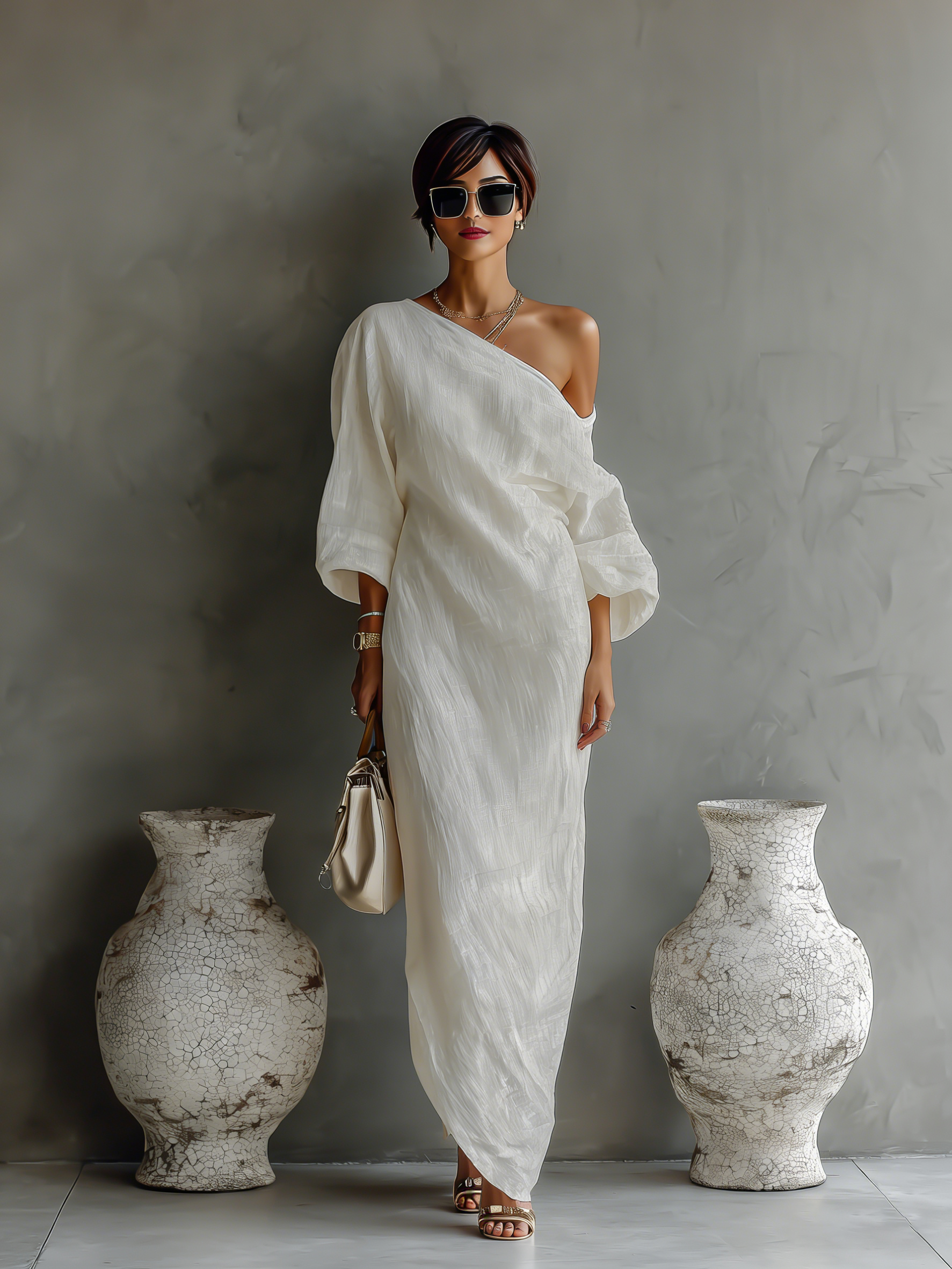 Elegant Flowy Off-Shoulder Dress in Ivory White Cotton-Linen Blend