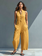 Minimalist Sleeveless Linen-Blend Jumpsuit for Women with Stand Collar and Buttons