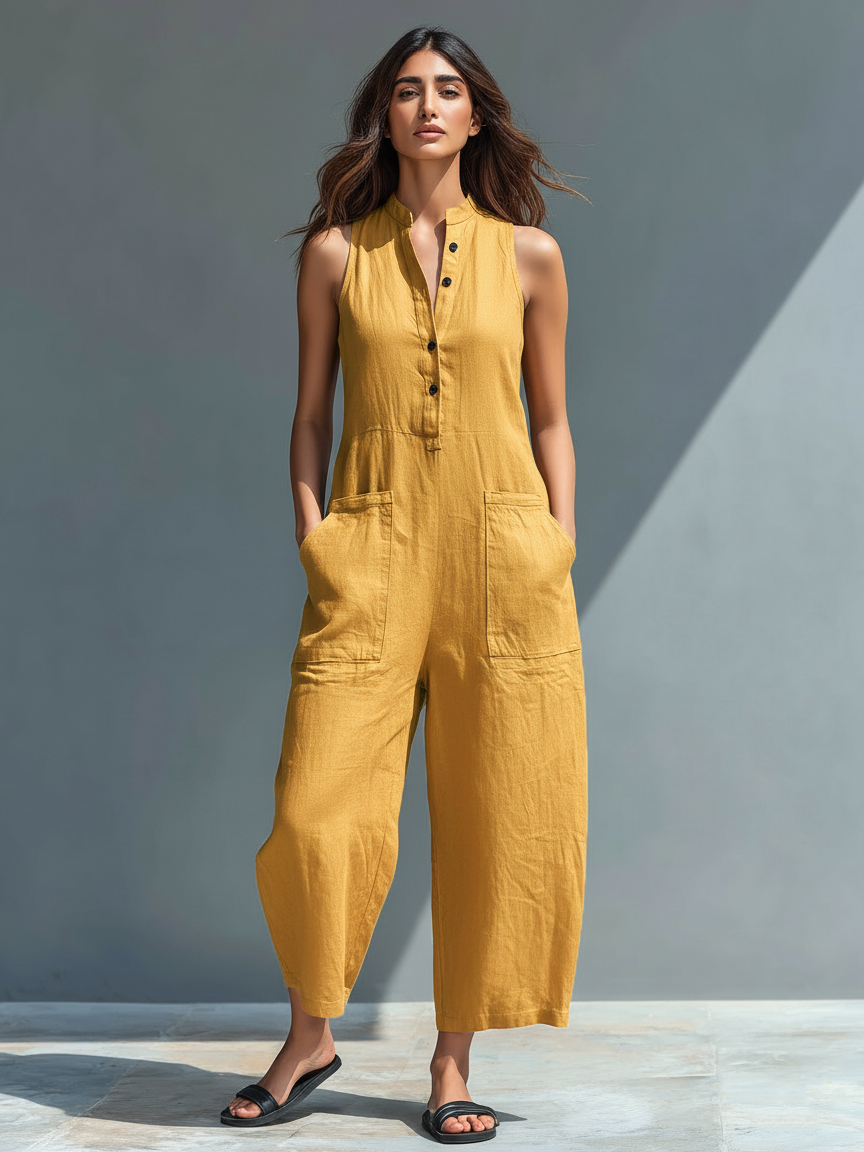 Minimalist Sleeveless Linen-Blend Jumpsuit for Women with Stand Collar and Buttons