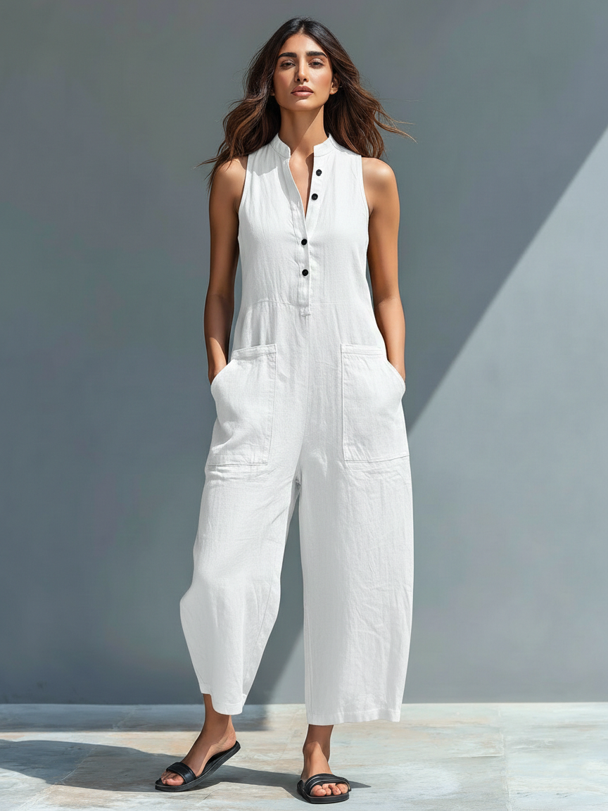 Minimalist Sleeveless Linen-Blend Jumpsuit for Women with Stand Collar and Buttons