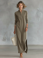 Women's Maxi Sweatshirt Dress with Button Collar and White Trim