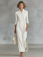 Women's Maxi Sweatshirt Dress with Button Collar and White Trim