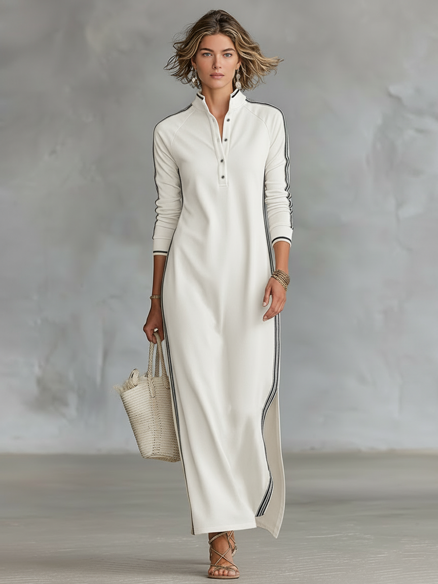 Women's Maxi Sweatshirt Dress with Button Collar and White Trim
