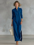 Women's Maxi Sweatshirt Dress with Button Collar and White Trim