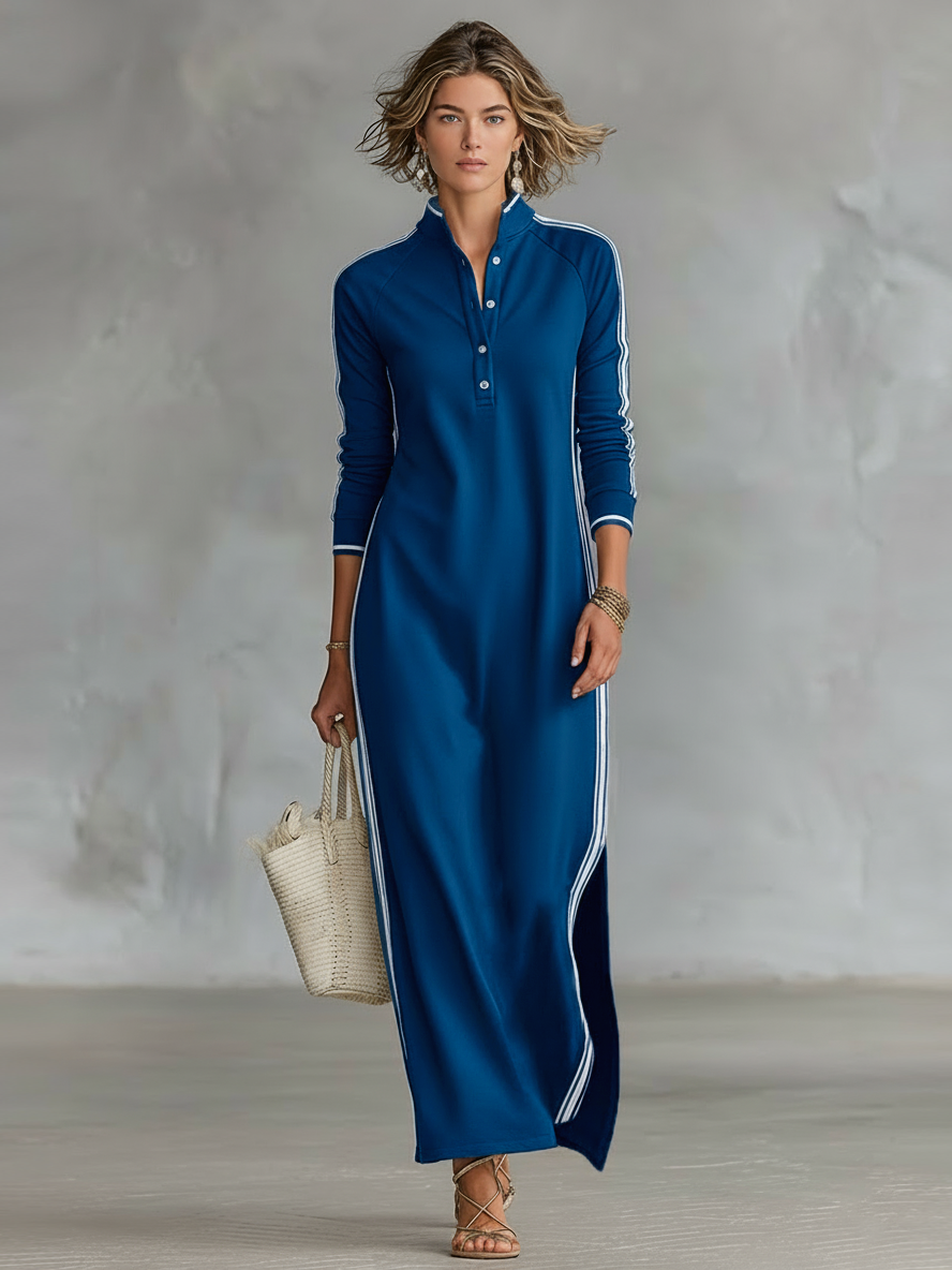 Women's Maxi Sweatshirt Dress with Button Collar and White Trim