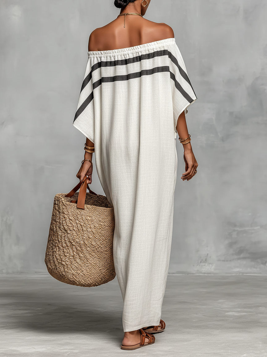 Minimalist Linen Maxi Dress for Women with Off-Shoulder and Batwing Sleeves