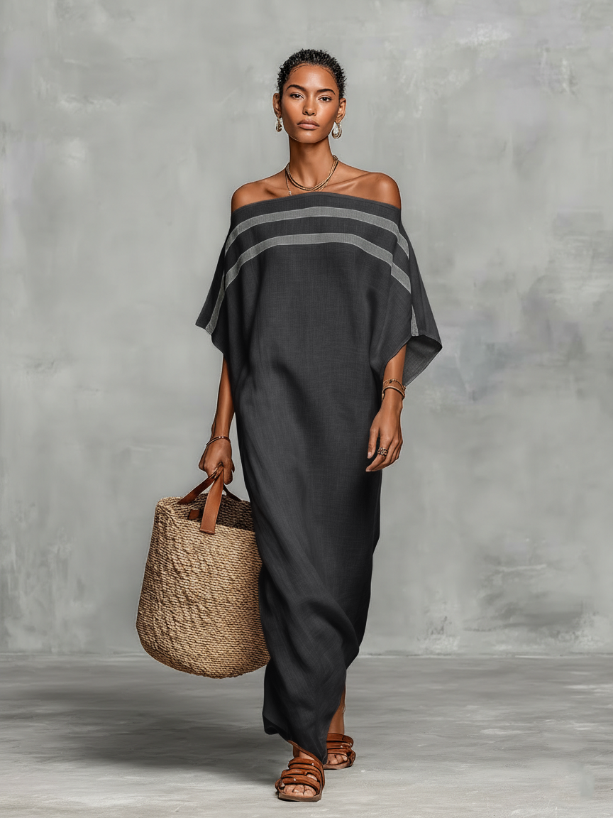 Minimalist Linen Maxi Dress for Women with Off-Shoulder and Batwing Sleeves