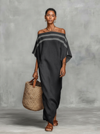 Minimalist Linen Maxi Dress for Women with Off-Shoulder and Batwing Sleeves